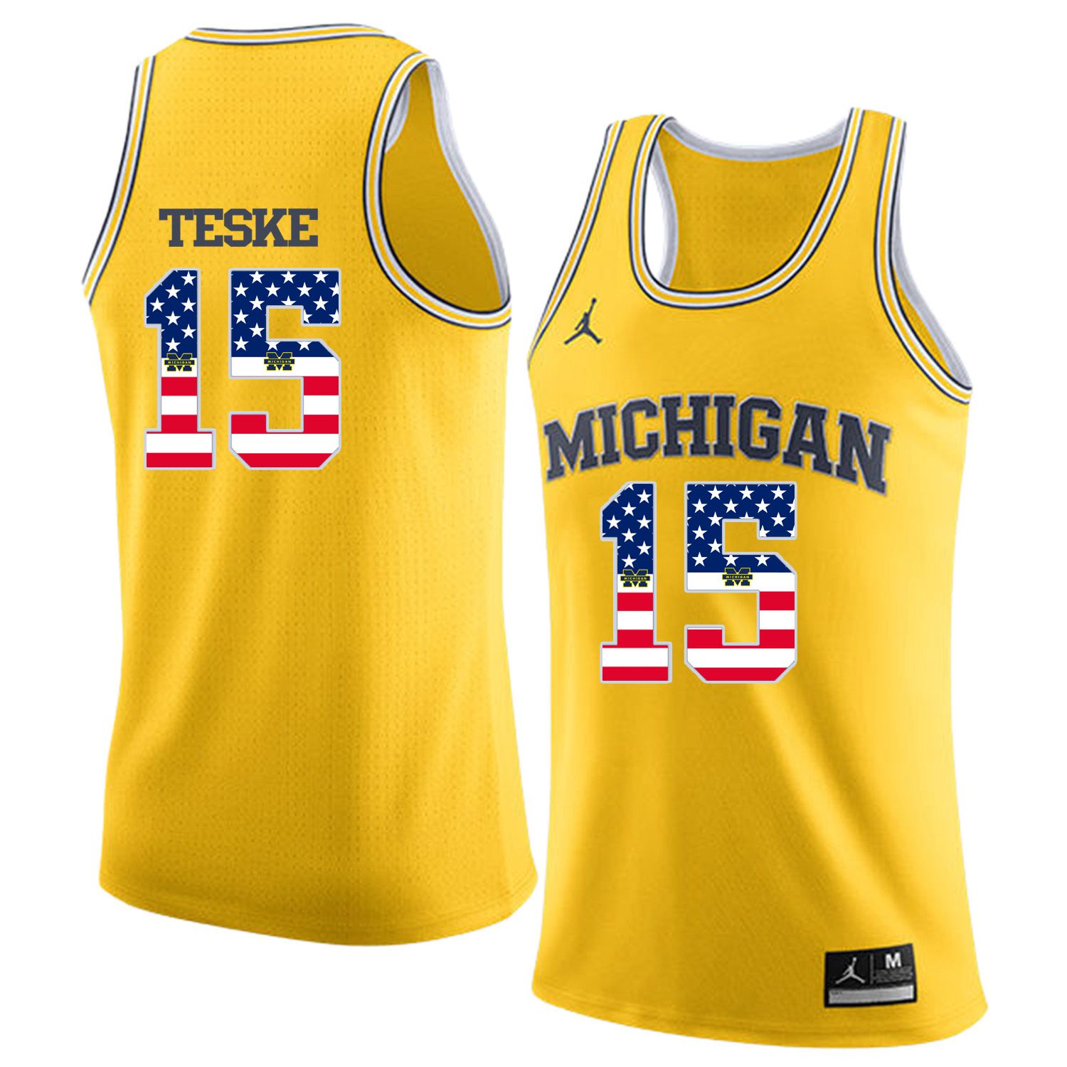 Men Jordan University of Michigan Basketball Yellow 15 Teske Flag Customized NCAA Jerseys